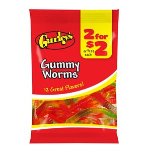 GURLEY'S 2 / $2 GUMMY WORMS 3OZ / 12CT